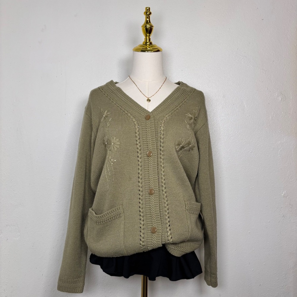 vintage olive green floral knit sweater cardigan cottagecore fairy grandmacore